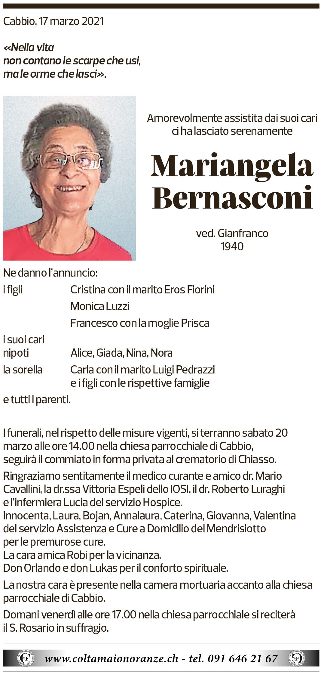 Annuncio funebre Mariangela Bernasconi