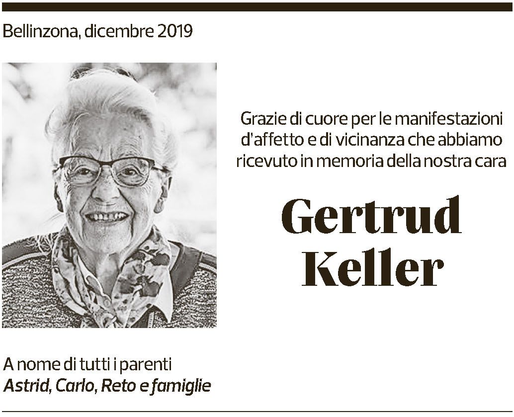 Annuncio funebre Gertrud Keller