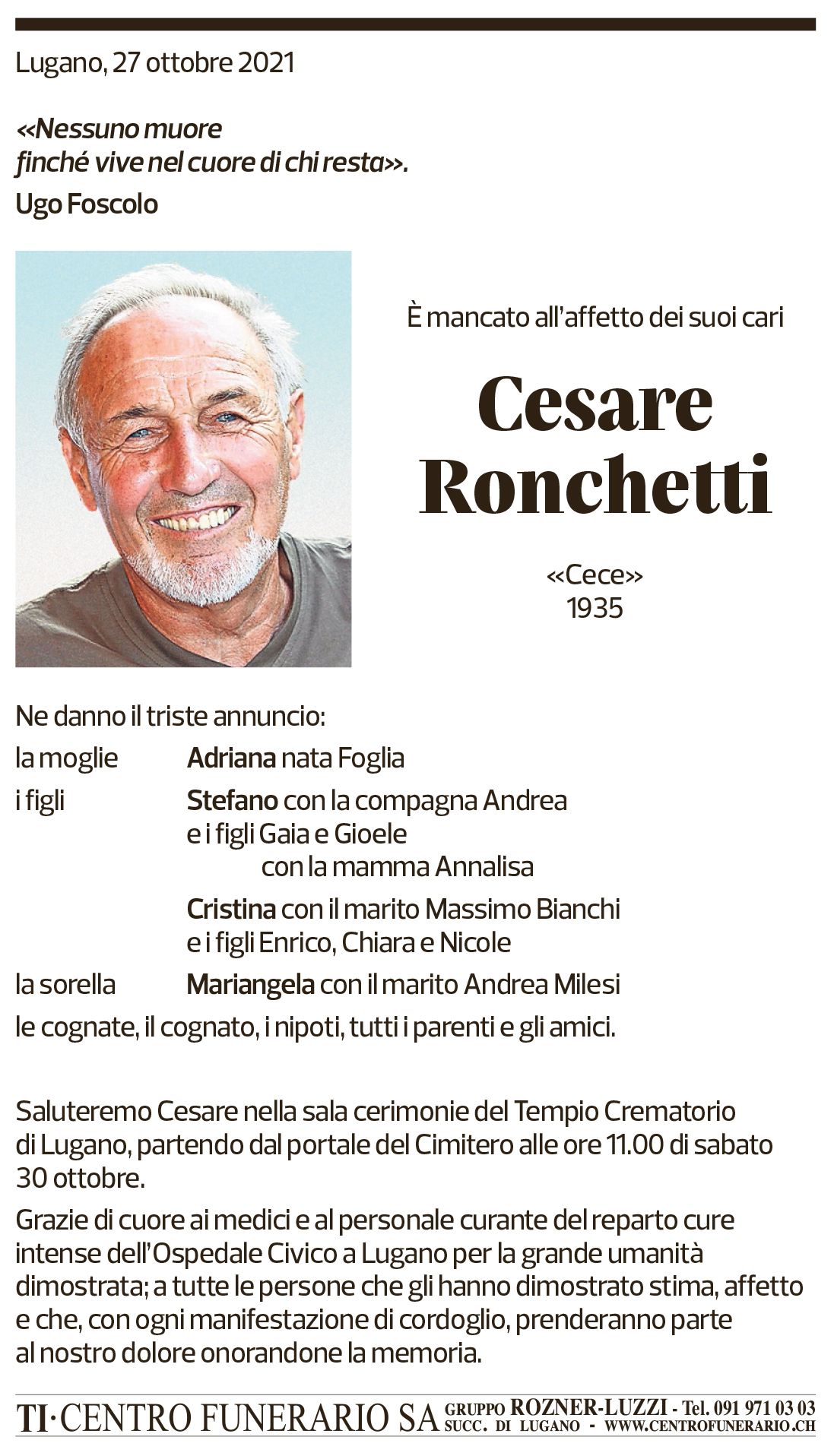 Annuncio funebre Cesare Ronchetti