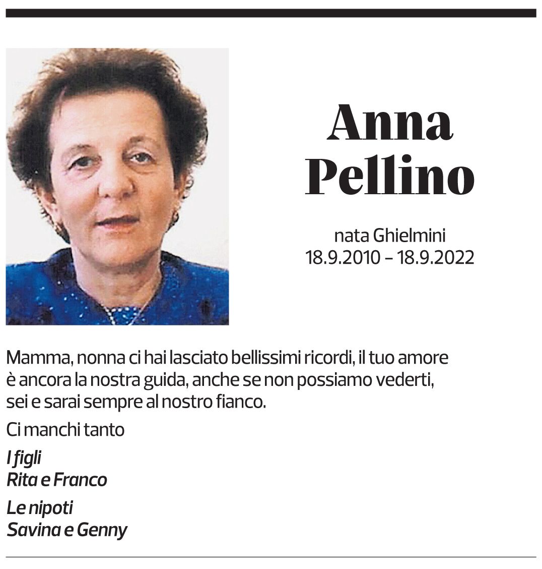 Annuncio funebre Anna Pellino