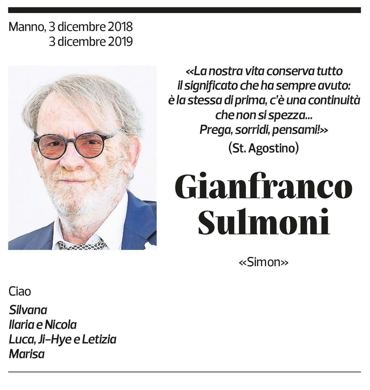 Annuncio funebre Gianfranco Sulmoni