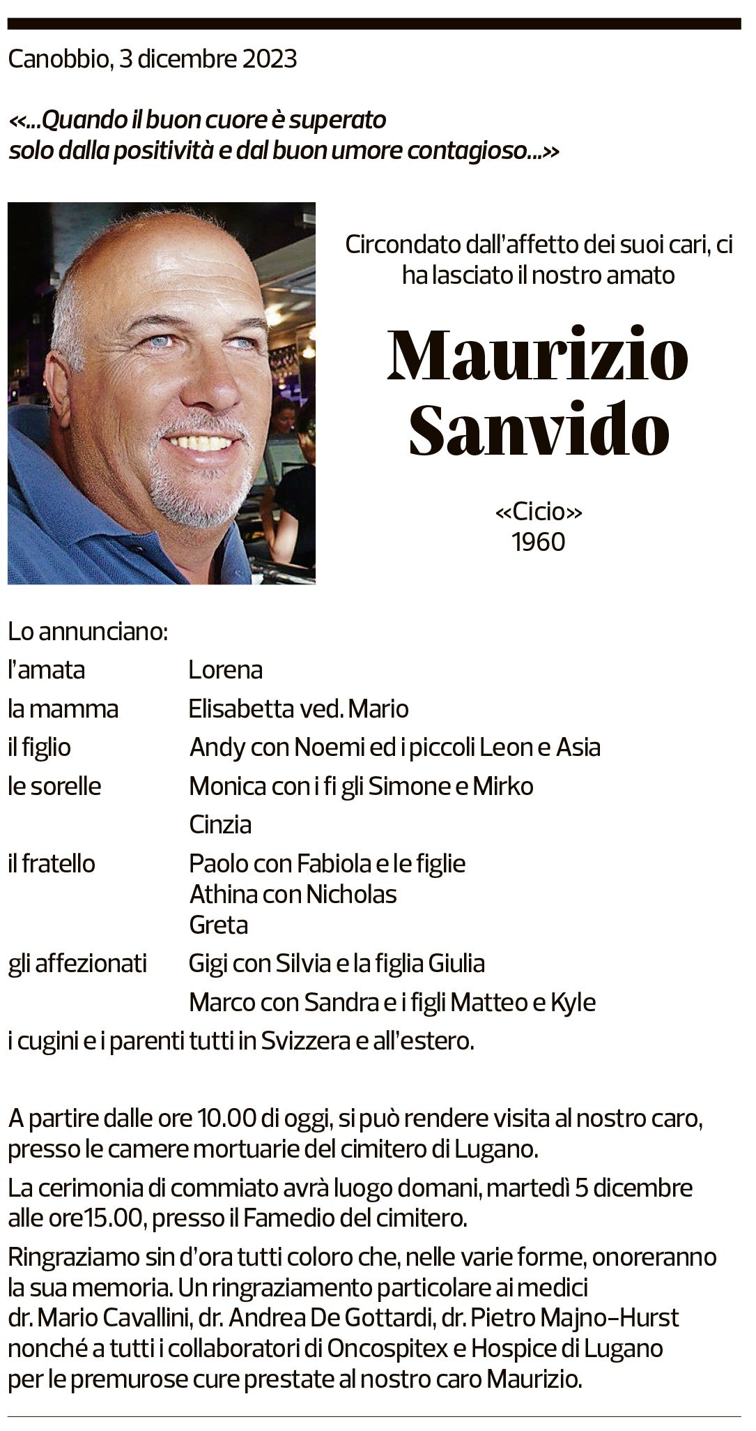 Annuncio funebre Maurizio Sanvido