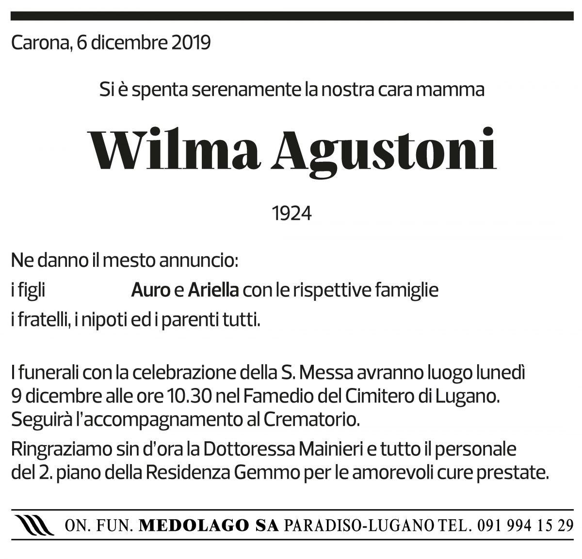 Annuncio funebre Wilma Agustoni