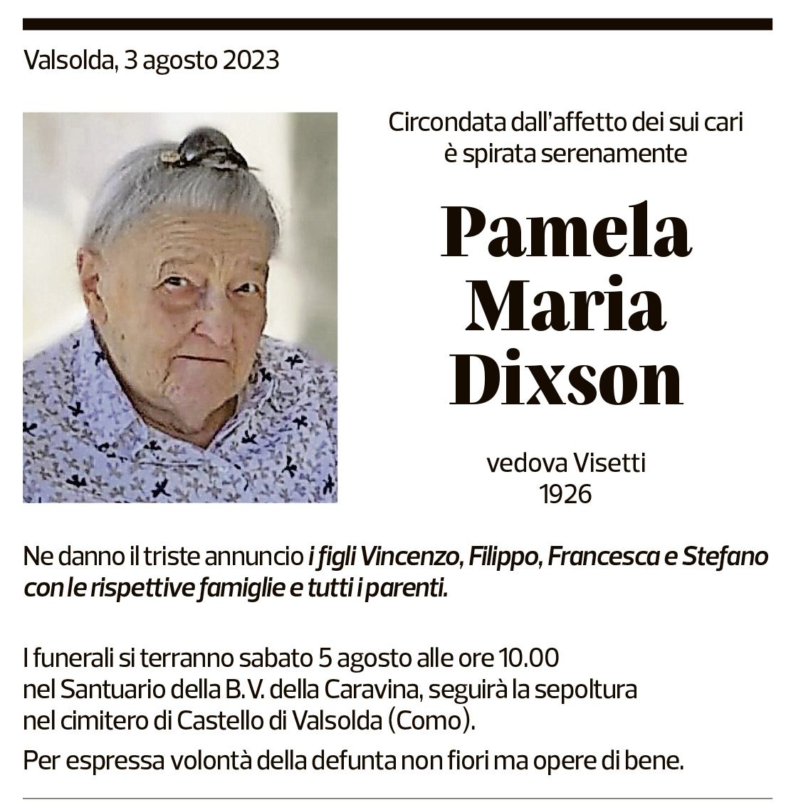 Annuncio funebre Pamela Maria Dixson