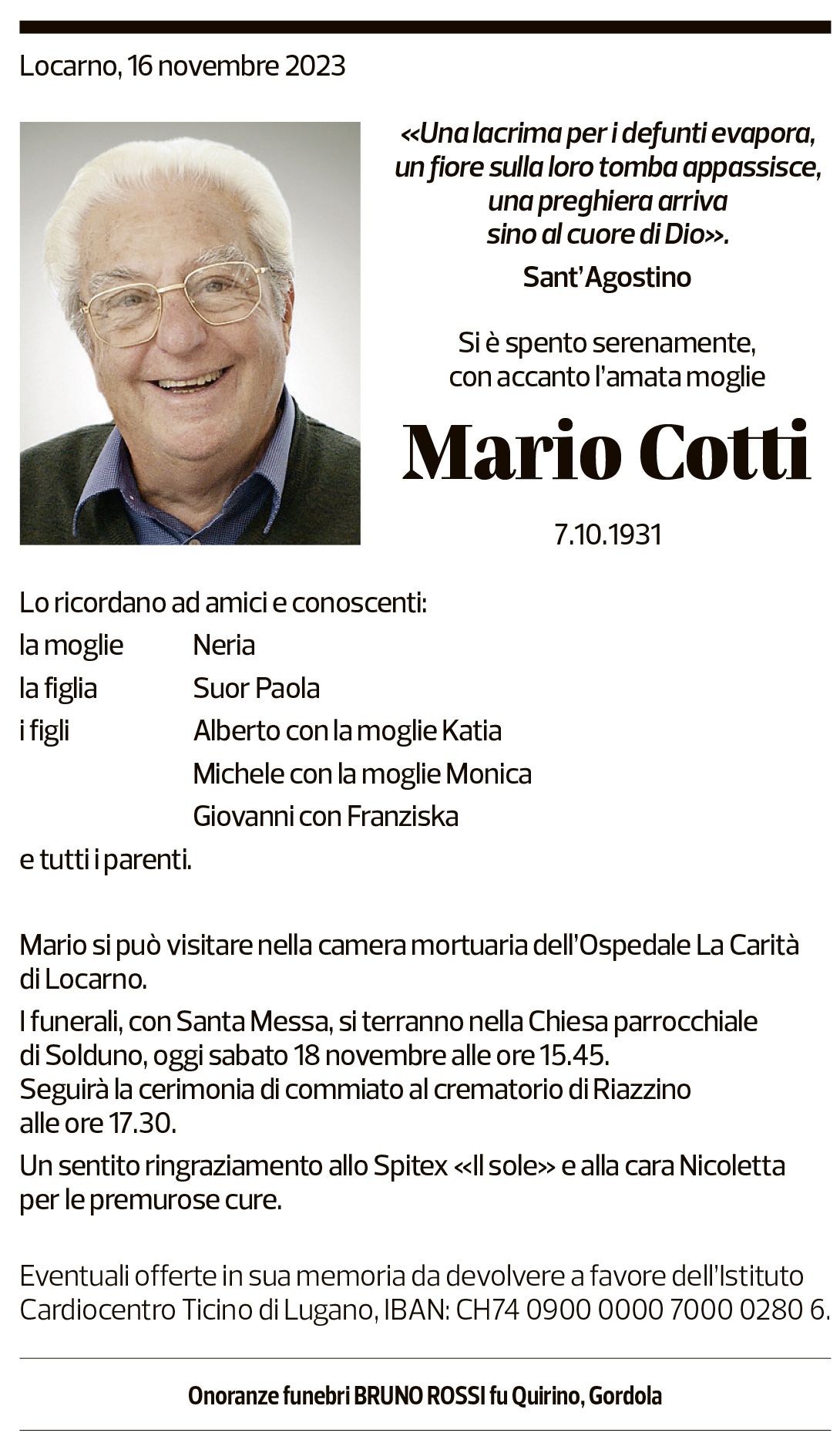 Annuncio funebre Mario Cotti