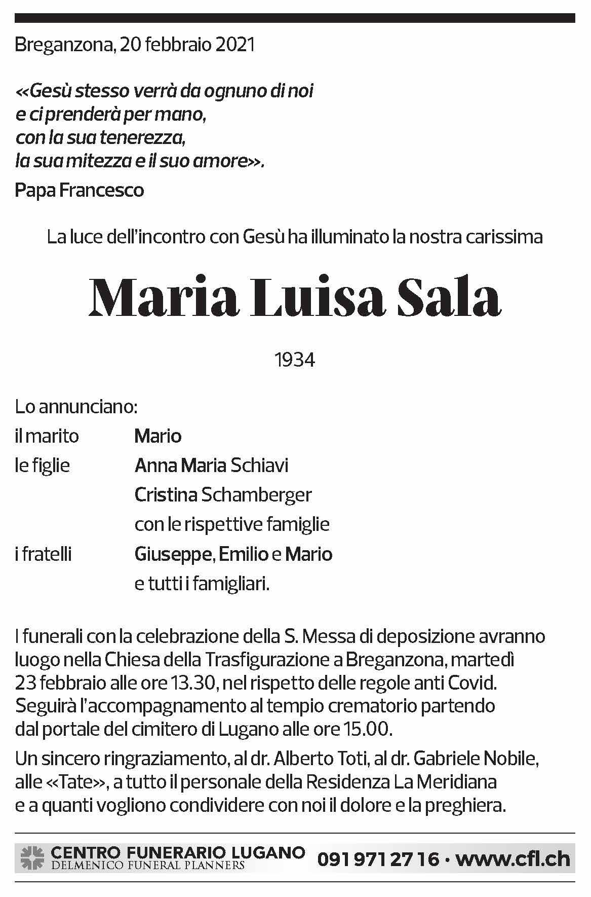 Annuncio funebre Maria Luisa Sala