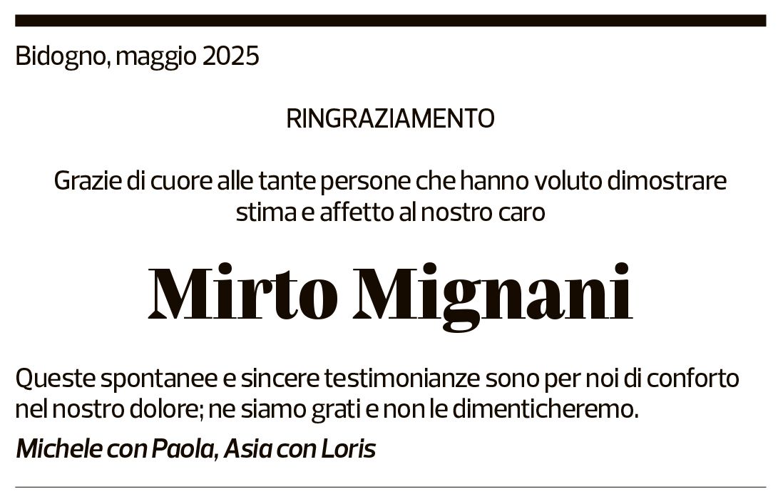 Annuncio funebre Mirto Mignani
