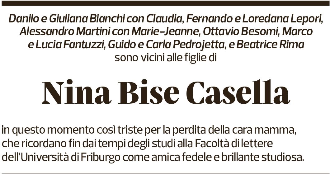 Annuncio funebre Nina Bise Casella