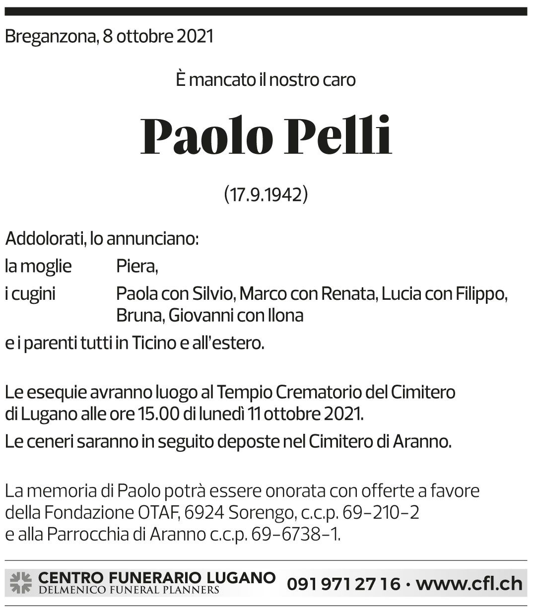 Annuncio funebre Paolo Pelli