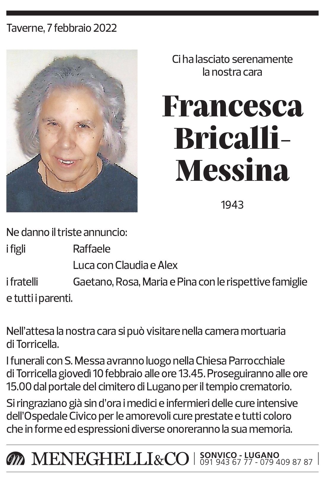 Annuncio funebre Francesca Bricalli-messina