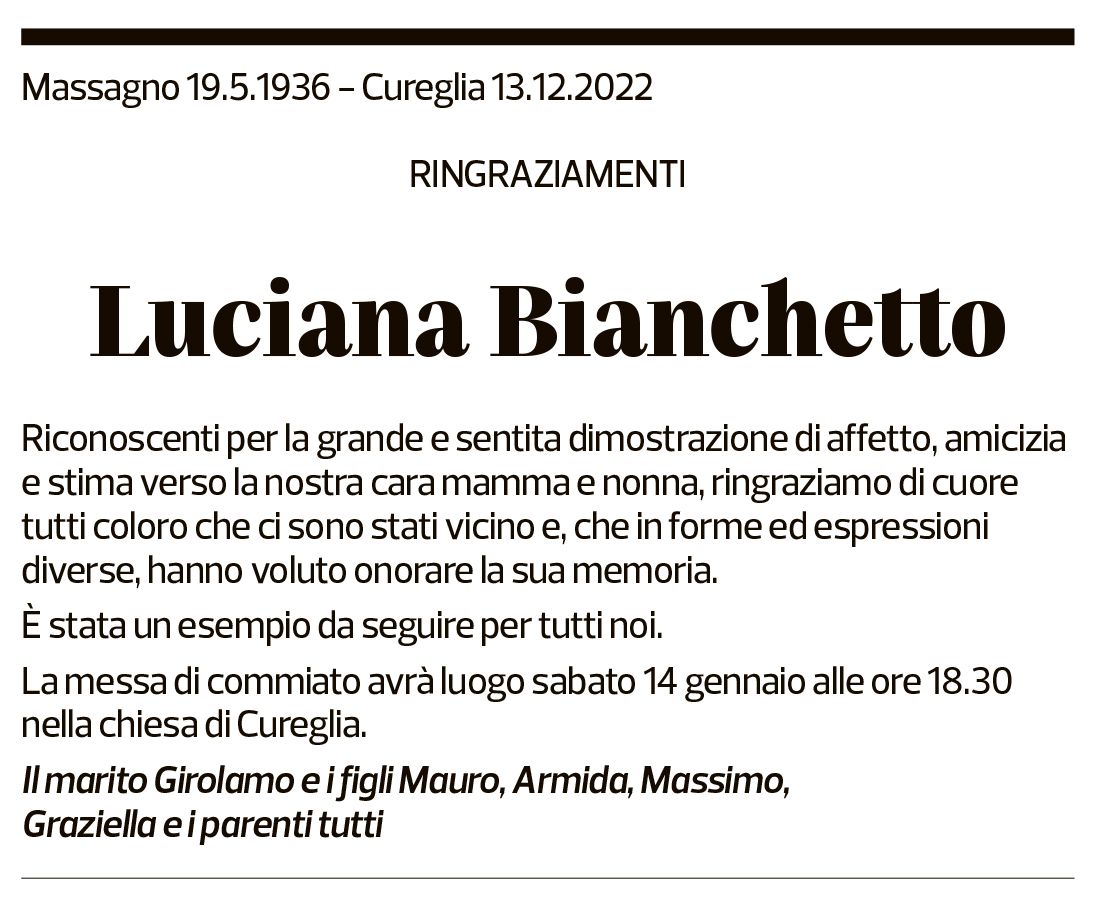 Annuncio funebre Luciana Bianchetto