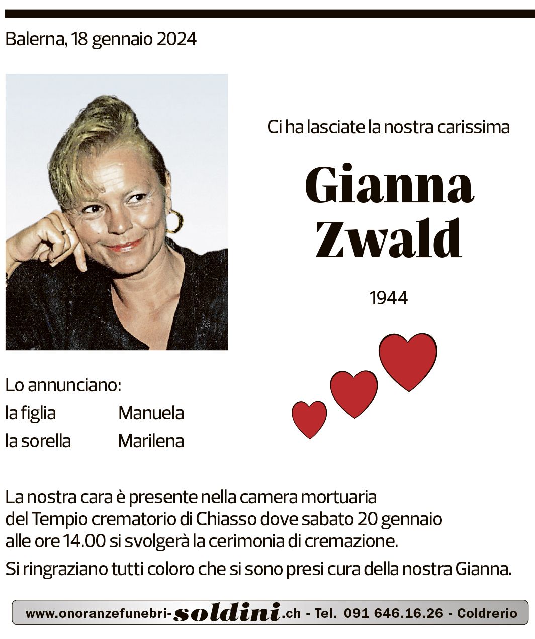 Annuncio funebre Gianna Zwald