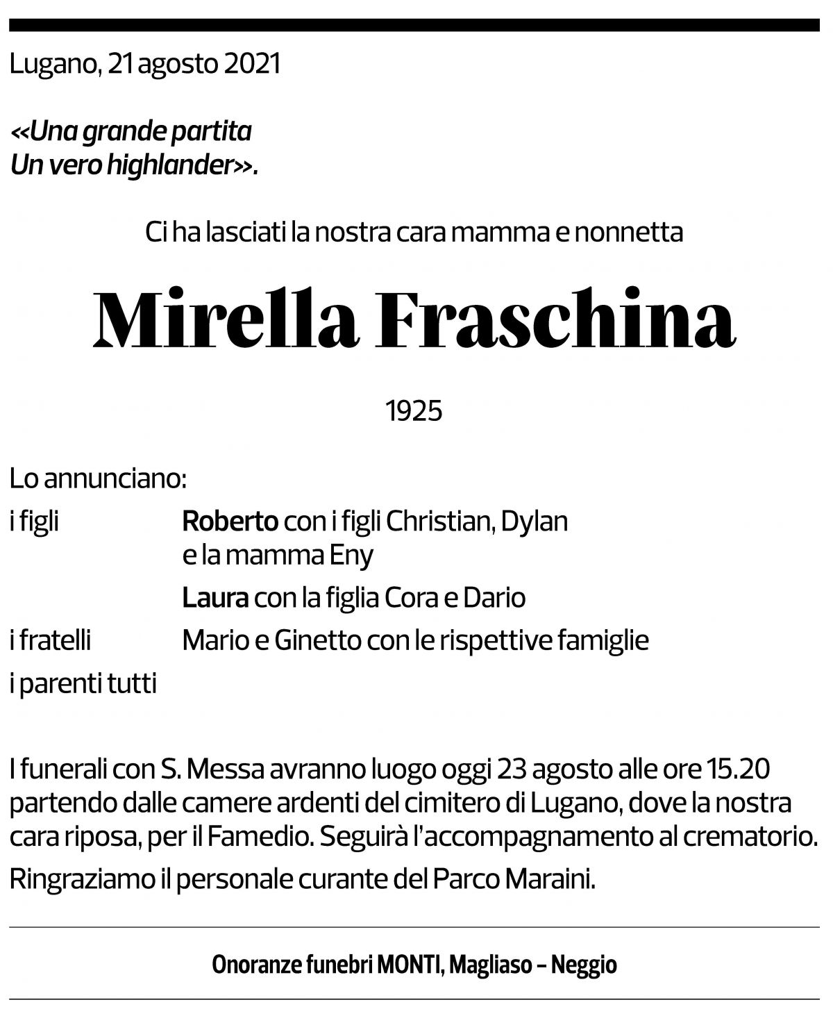 Annuncio funebre Mirella Fraschina