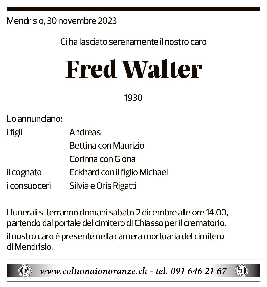 Annuncio funebre Fred Walter