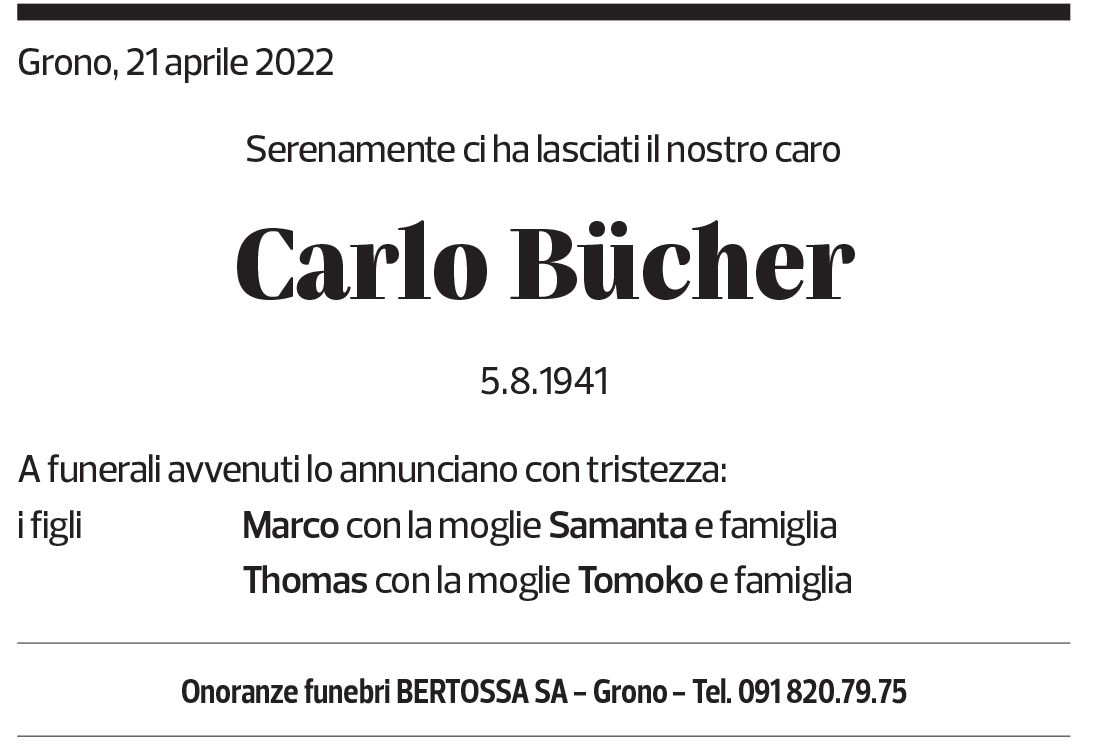 Annuncio funebre Carlo Bücher