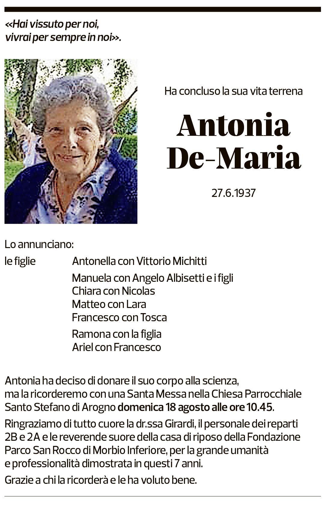 Annuncio funebre Antonia De-maria