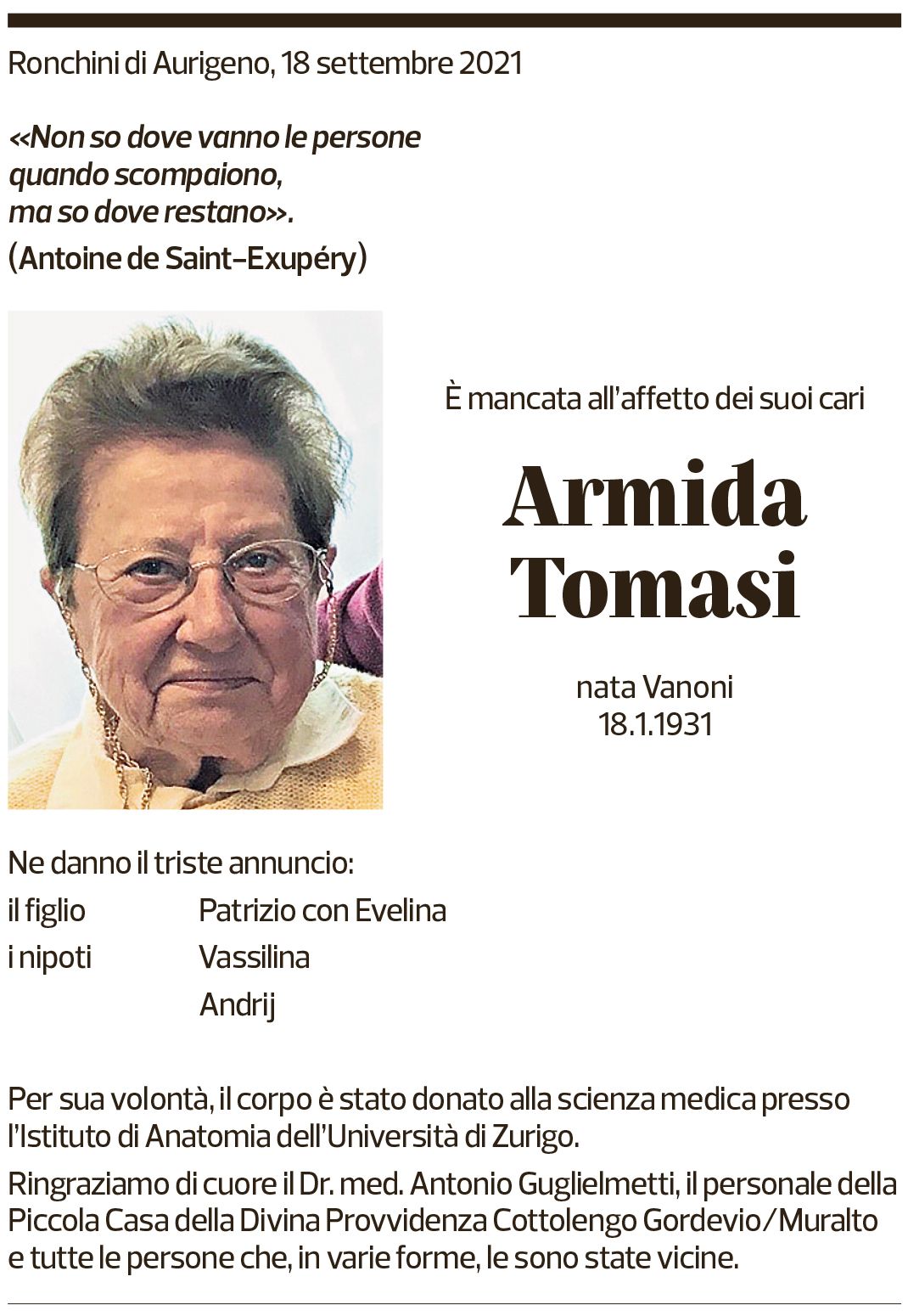 Annuncio funebre Armida Tomasi