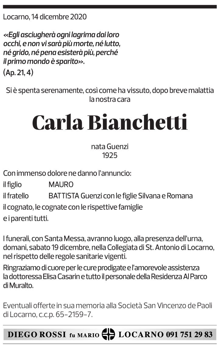 Annuncio funebre Carla Bianchetti