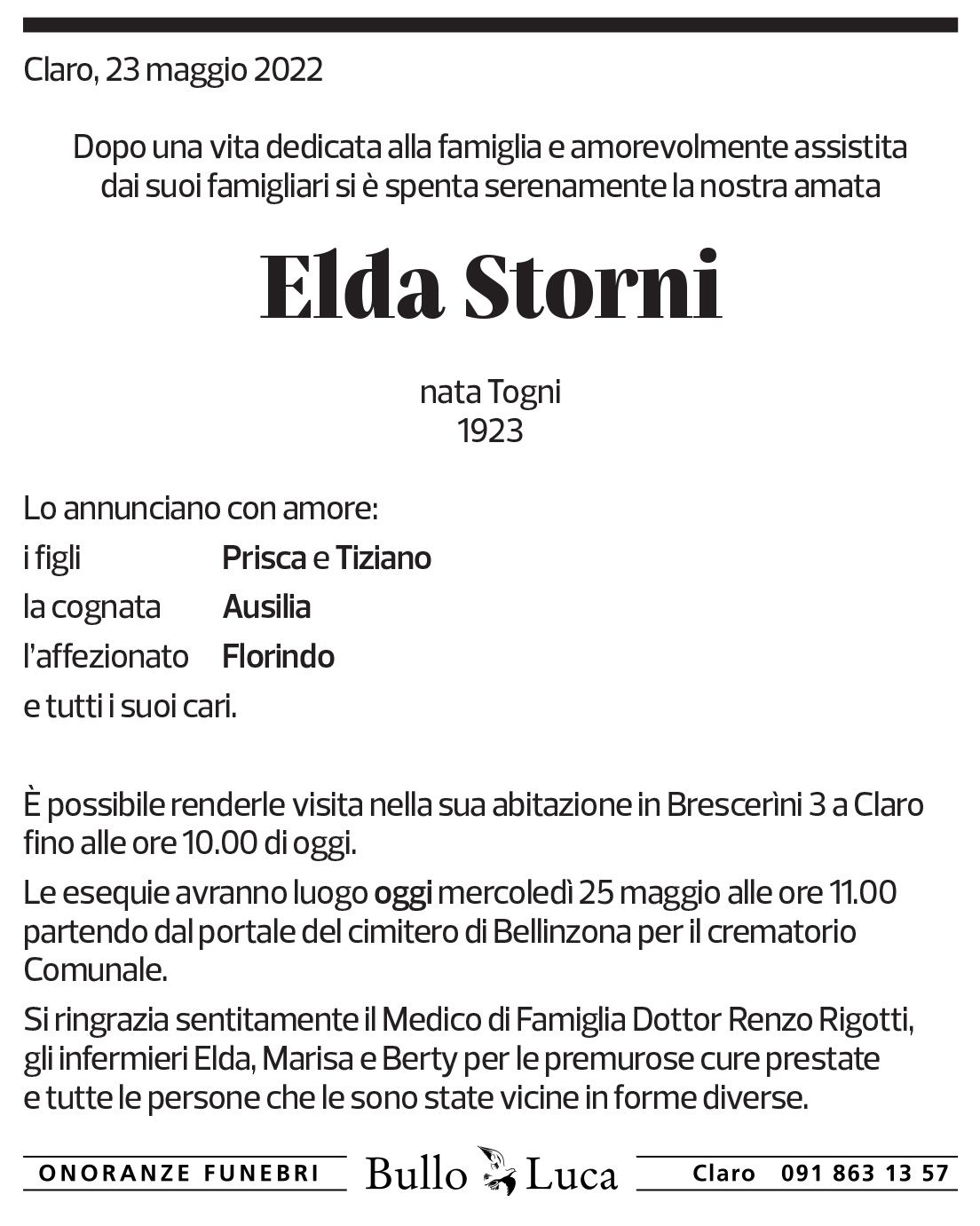 Annuncio funebre Elda Storni