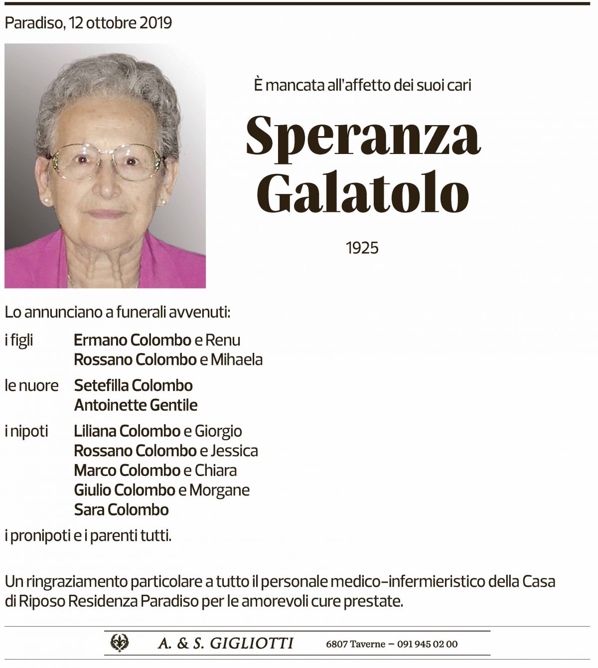 Annuncio funebre Speranza Galatolo