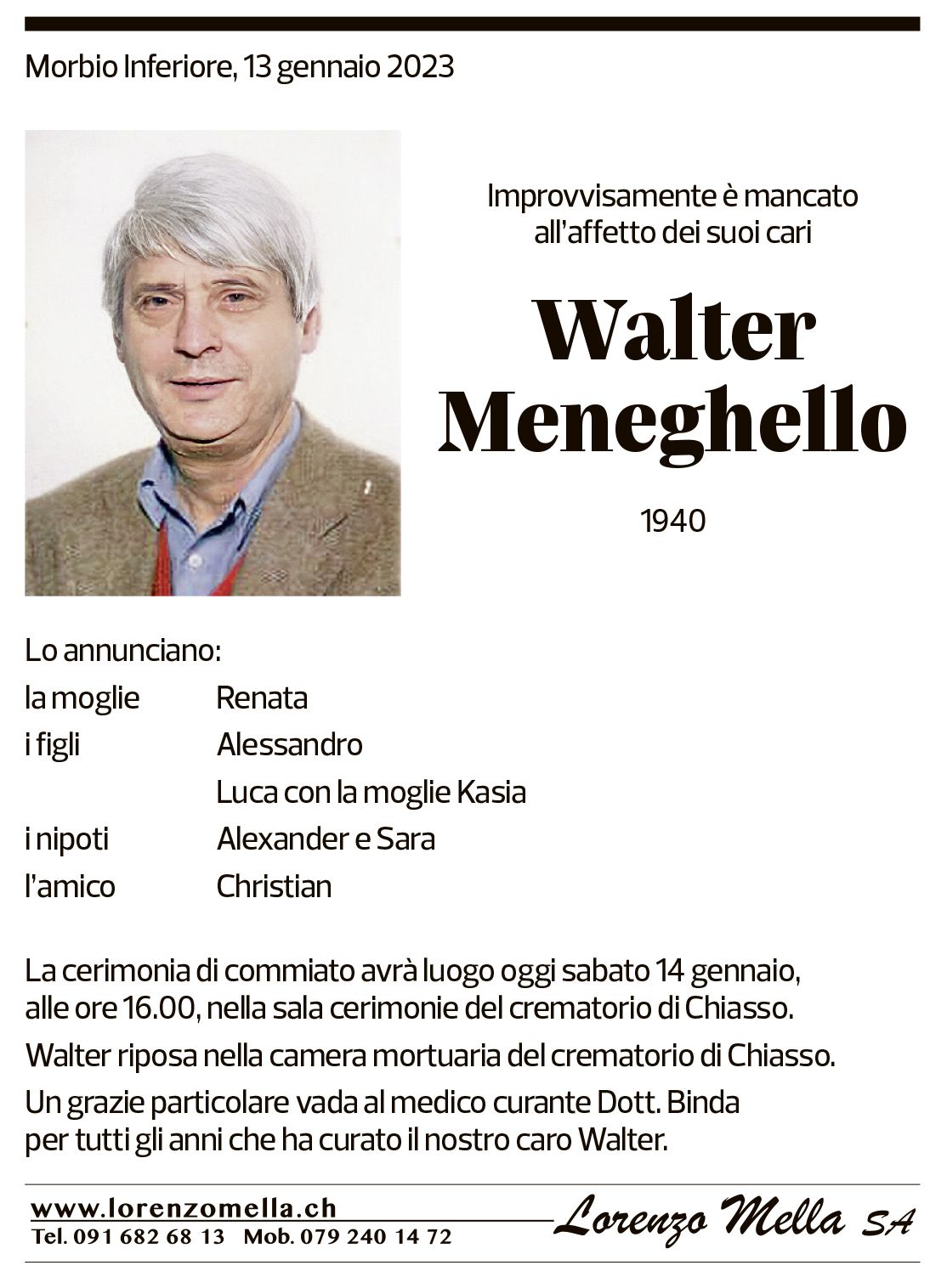 Annuncio funebre Walter Meneghello