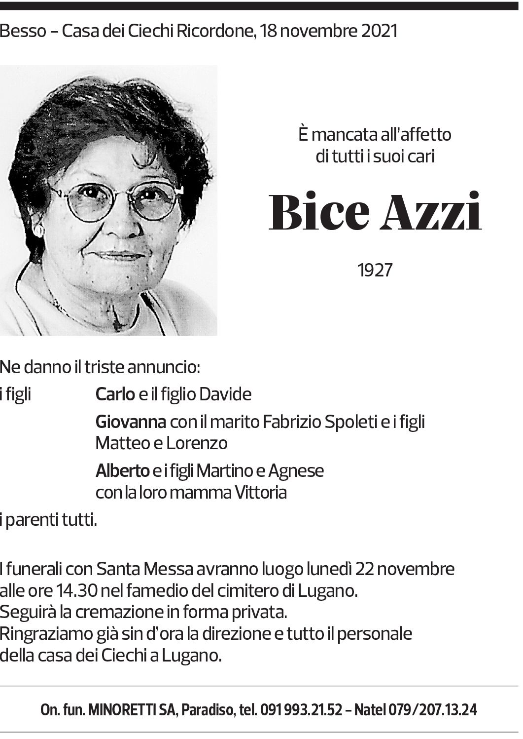 Annuncio funebre Bice Azzi