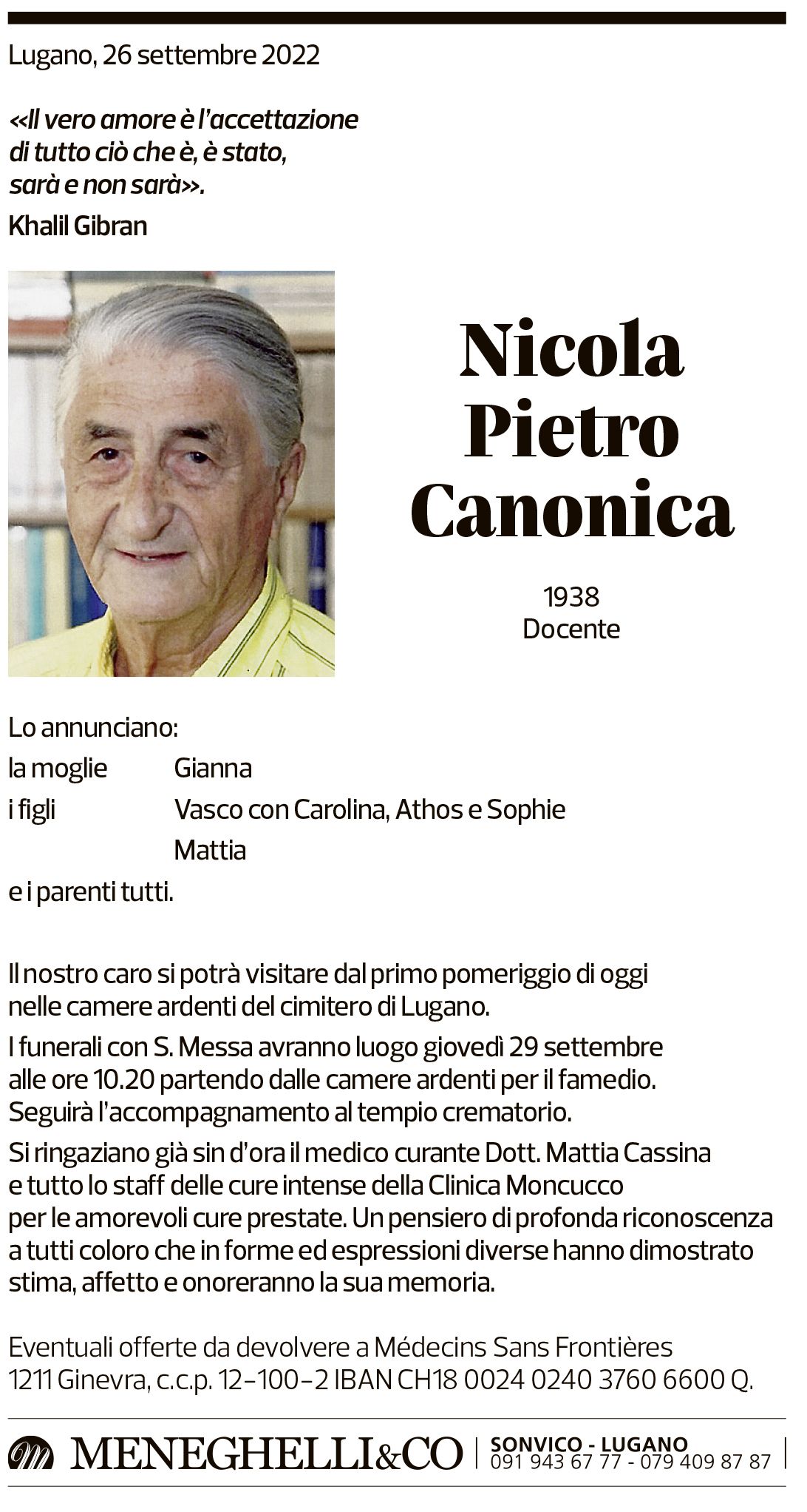 Annuncio funebre Nicola Pietro Canonica