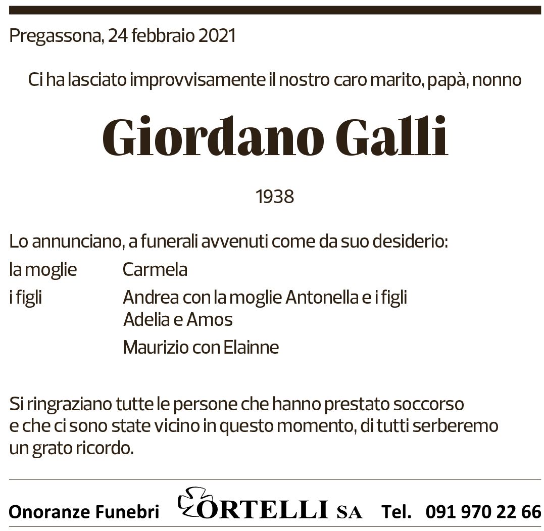 Annuncio funebre Giordano Galli