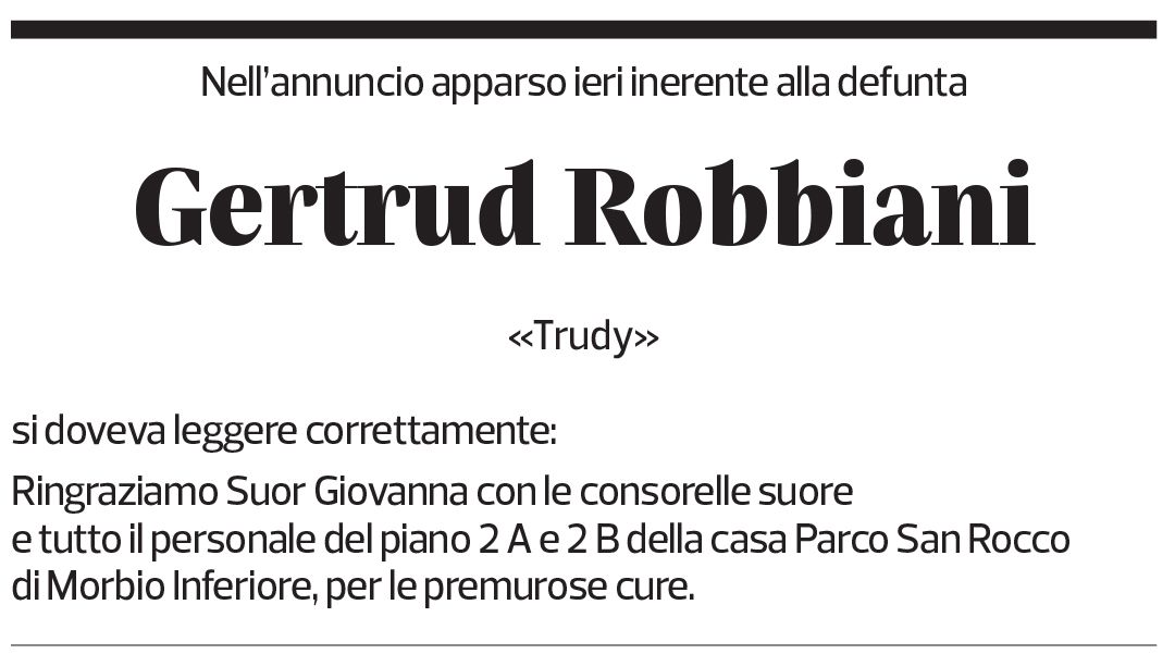 Annuncio funebre Gertrud Robbiani