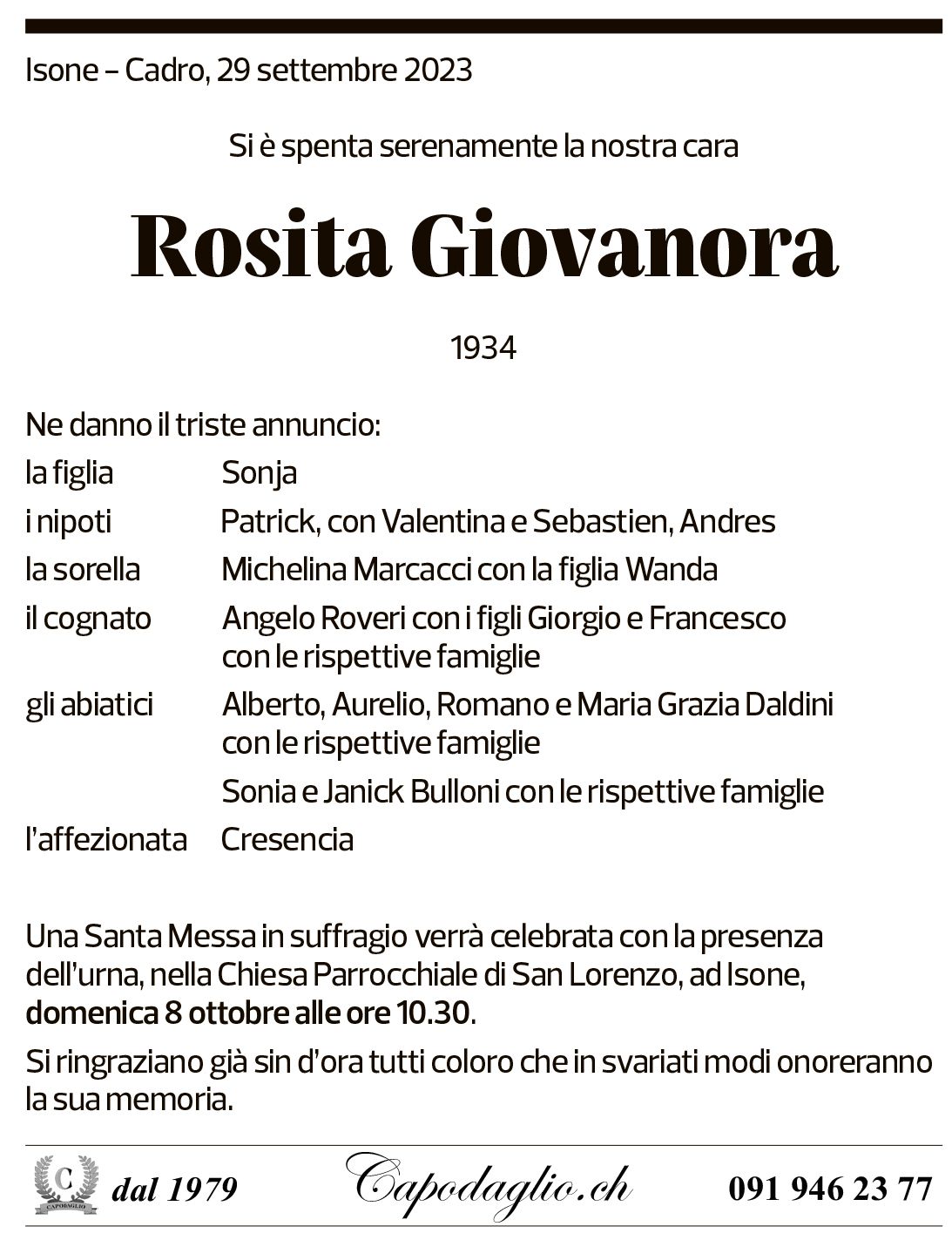 Annuncio funebre Rosita Giovanora