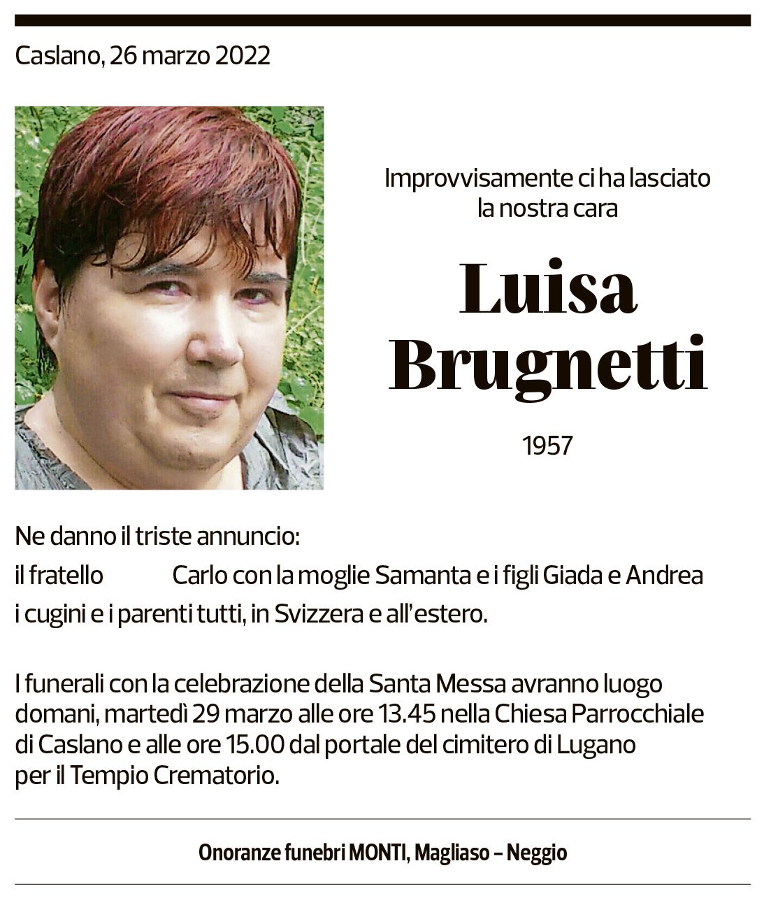 Annuncio funebre Luisa Brugnetti