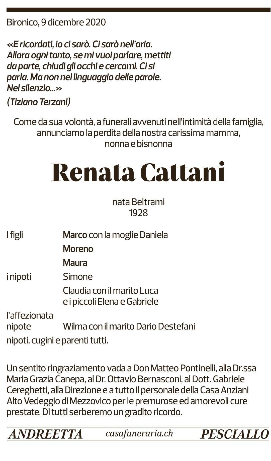 Annuncio funebre Renata Cattani