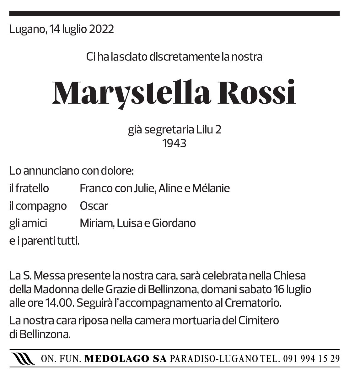 Annuncio funebre Marystella Rossi