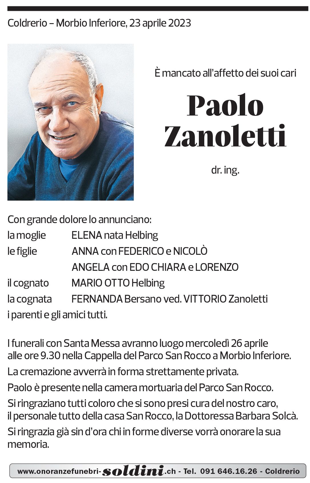 Annuncio funebre Paolo Zanoletti