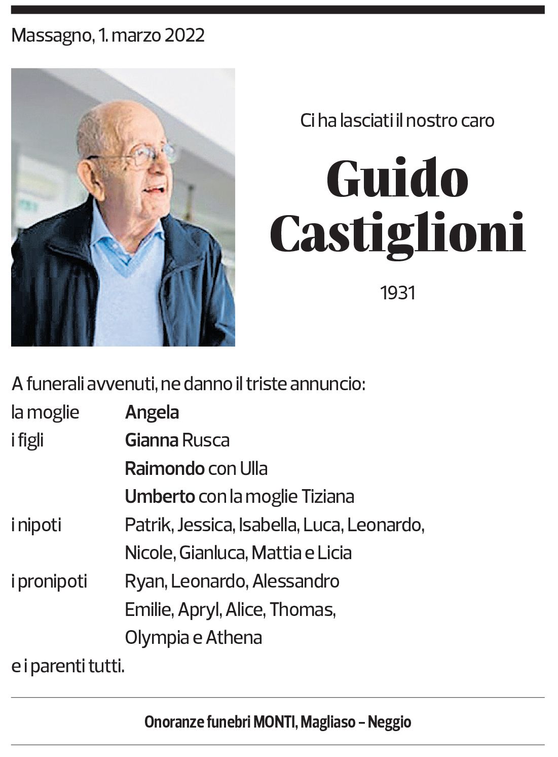 Annuncio funebre Guido Castiglioni