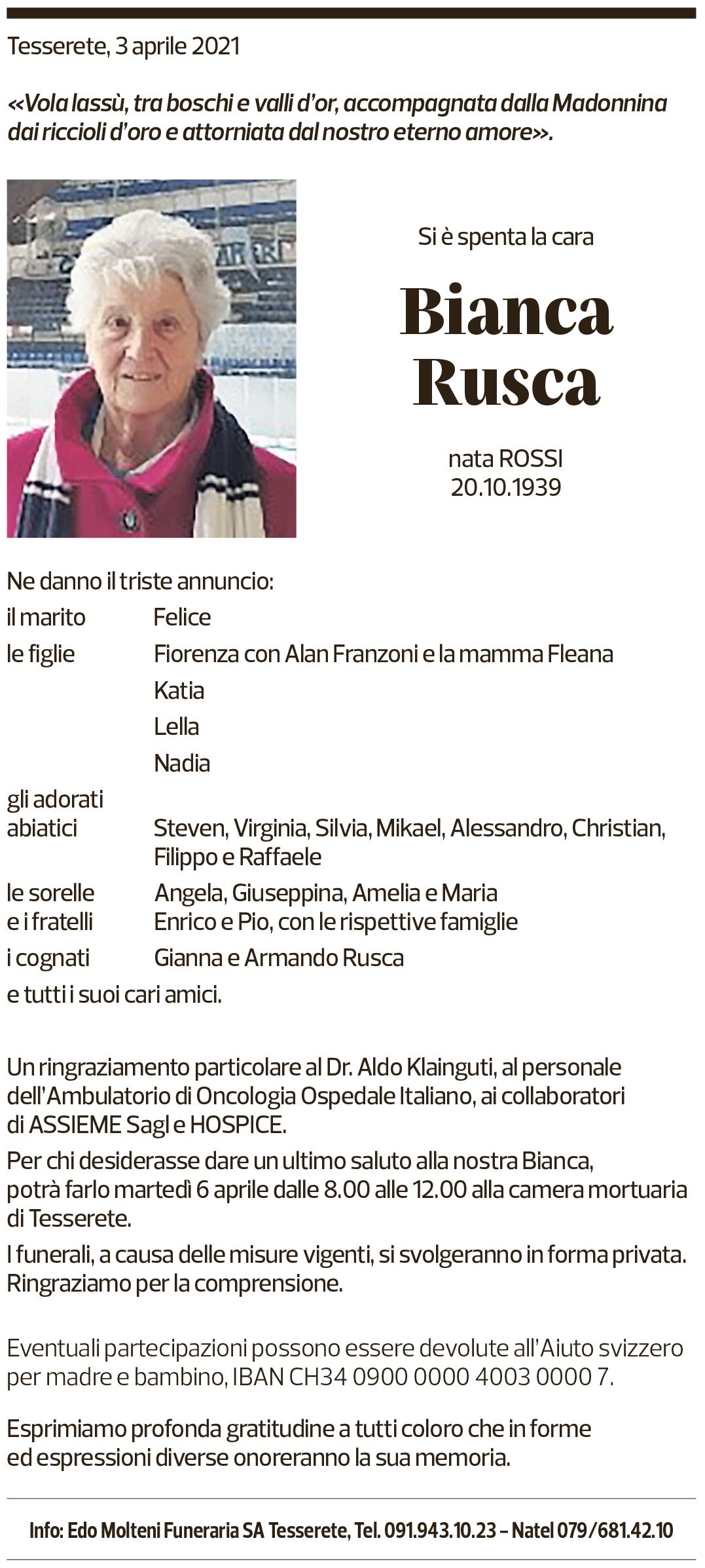 Annuncio funebre Bianca Rusca