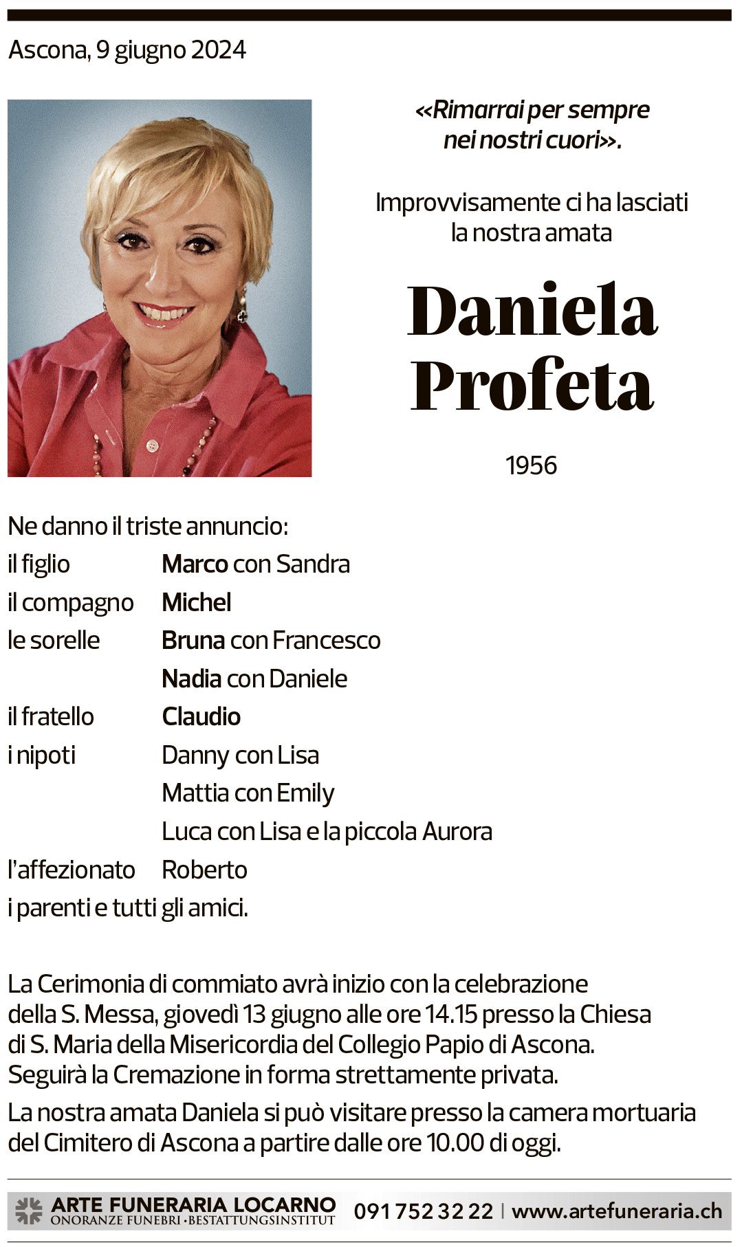 Annuncio funebre Daniela Profeta