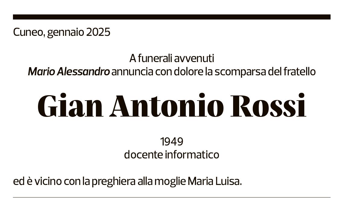 Annuncio funebre Gian Antonio Rossi