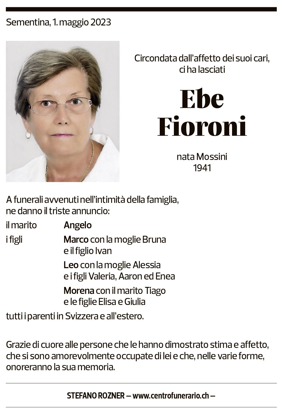 Annuncio funebre Ebe Fioroni