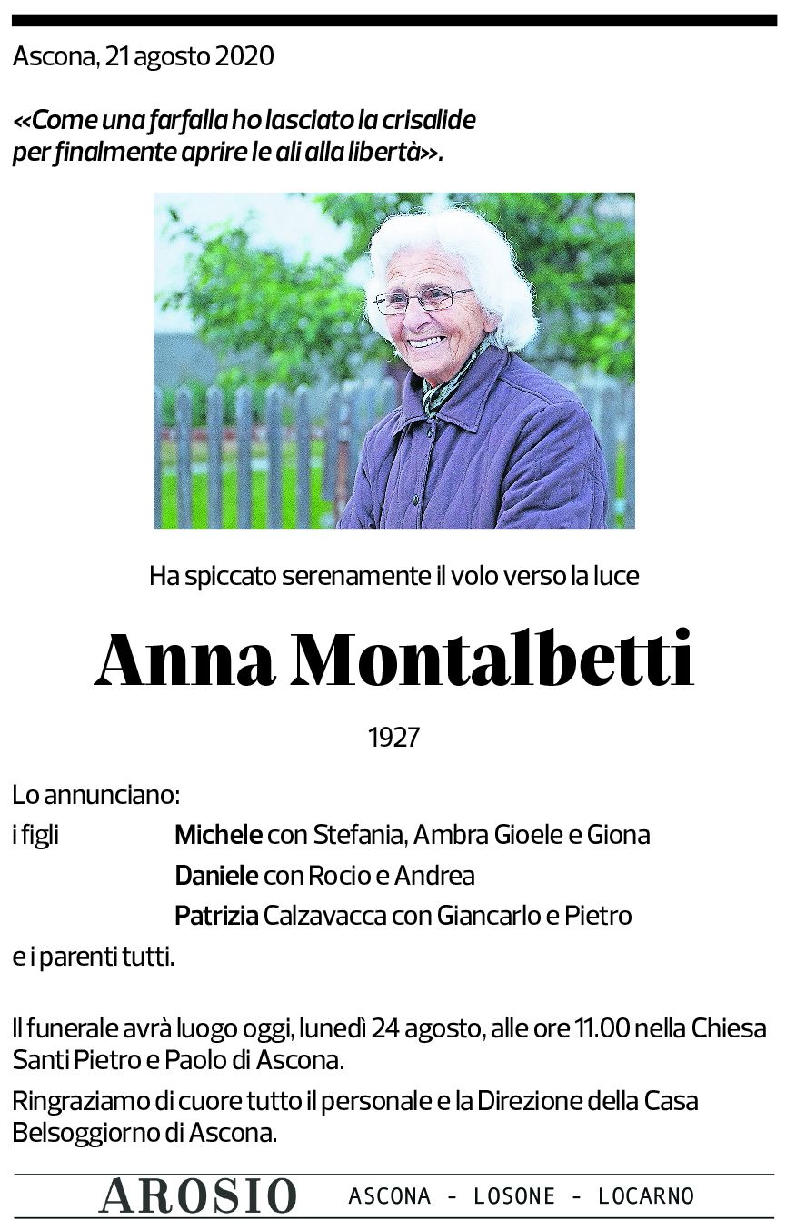 Annuncio funebre Anna Montalbetti