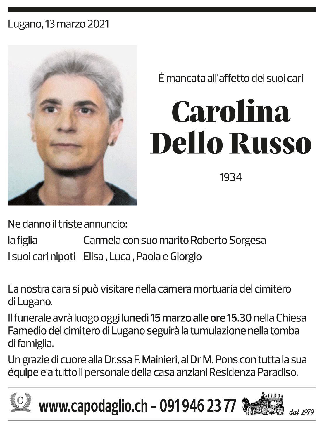 Annuncio funebre Carolina Dello Russo