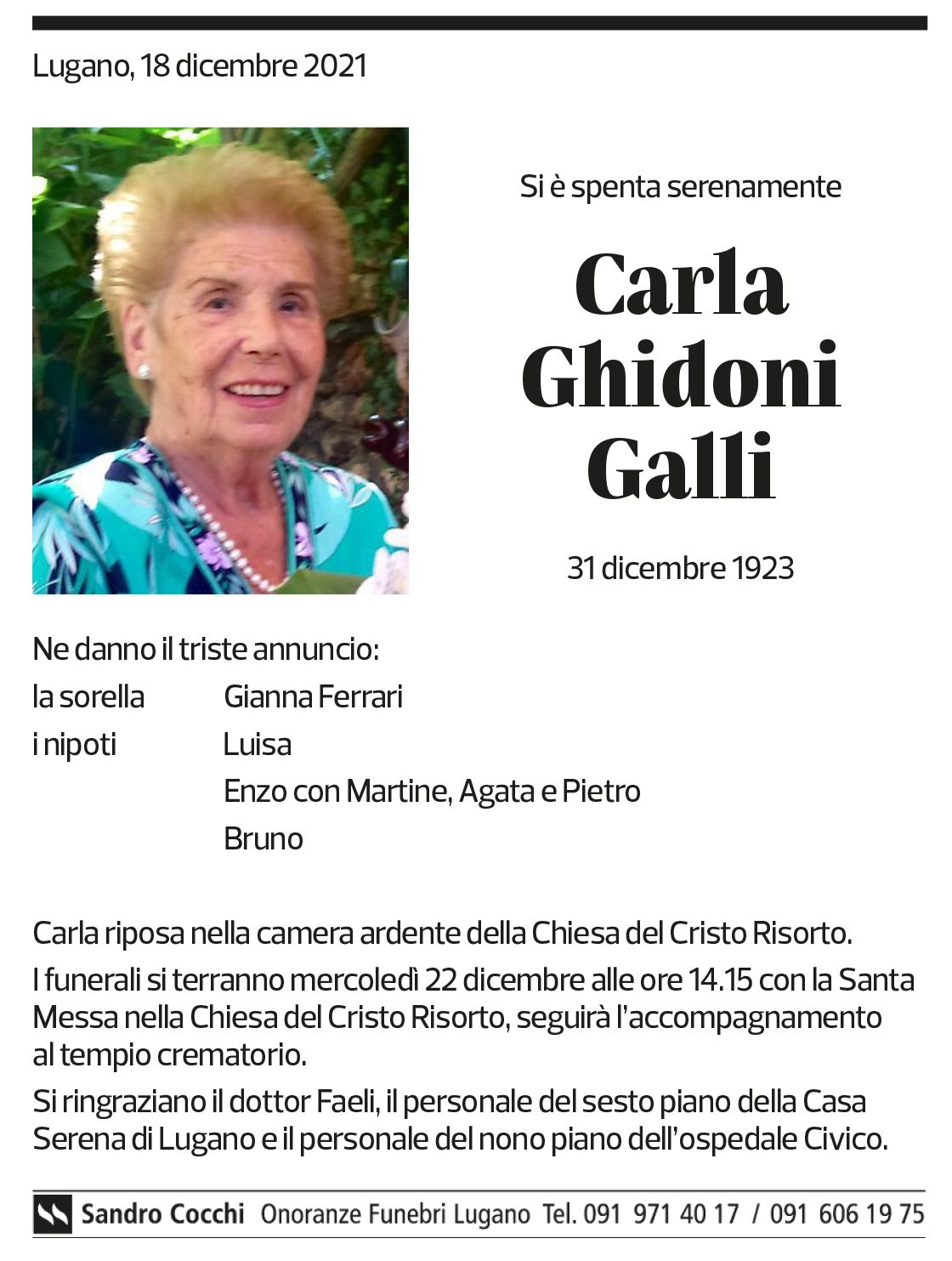 Annuncio funebre Carla Ghidoni Galli