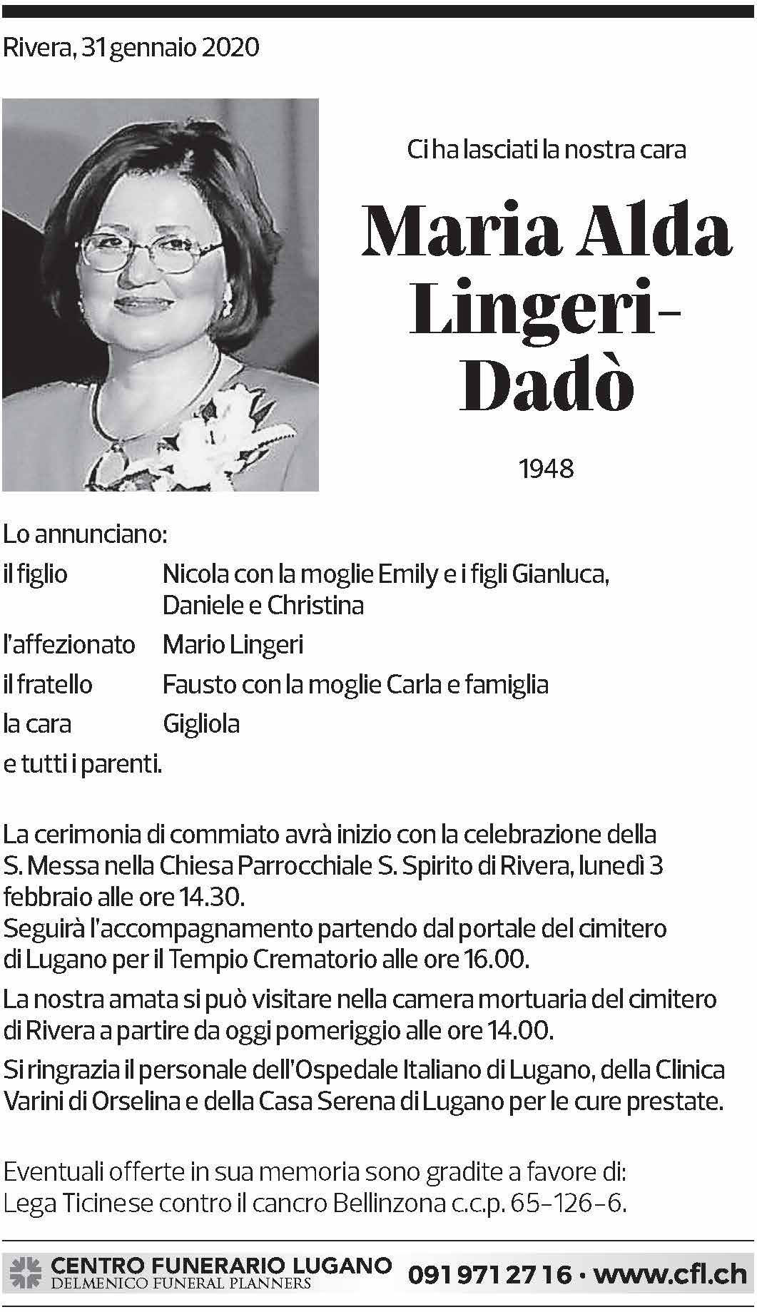 Annuncio funebre Maria Alda Lingeri-dadò