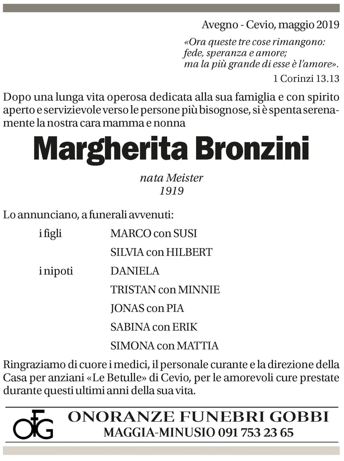 Annuncio funebre Margherita Bronzini
