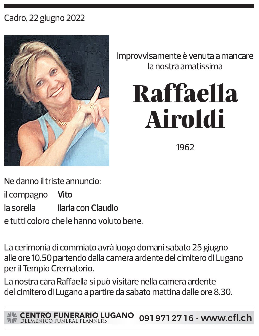 Annuncio funebre Raffaella Airoldi