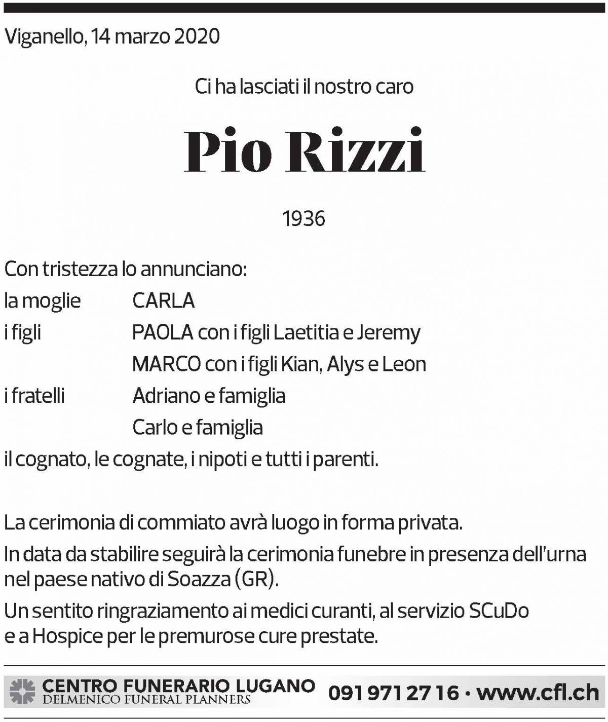 Annuncio funebre Pio Rizzi