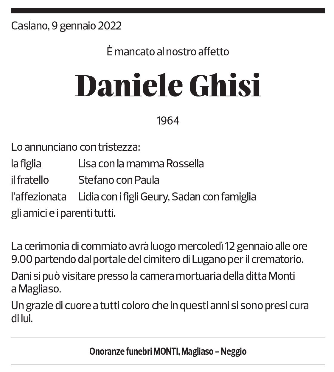 Annuncio funebre Daniele Ghisi