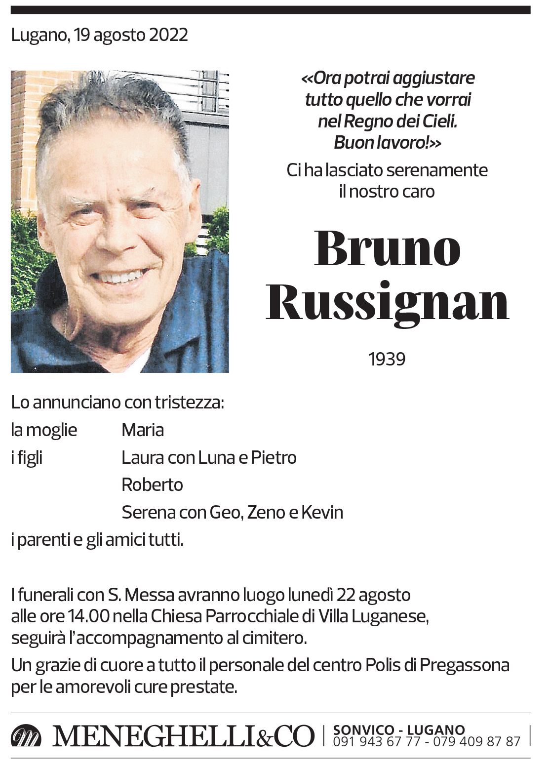 Annuncio funebre Bruno Russignan