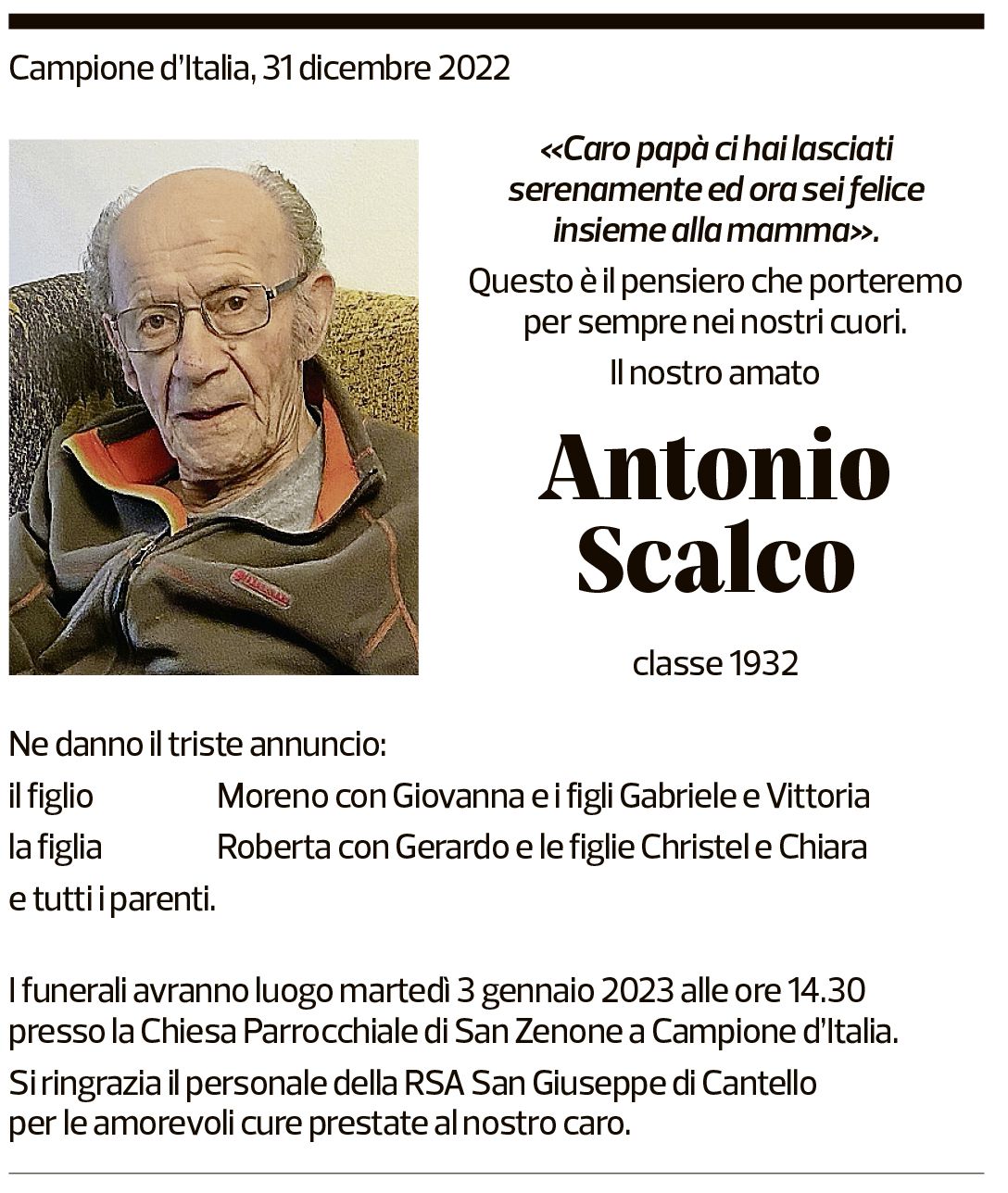 Annuncio funebre Antonio Scalco