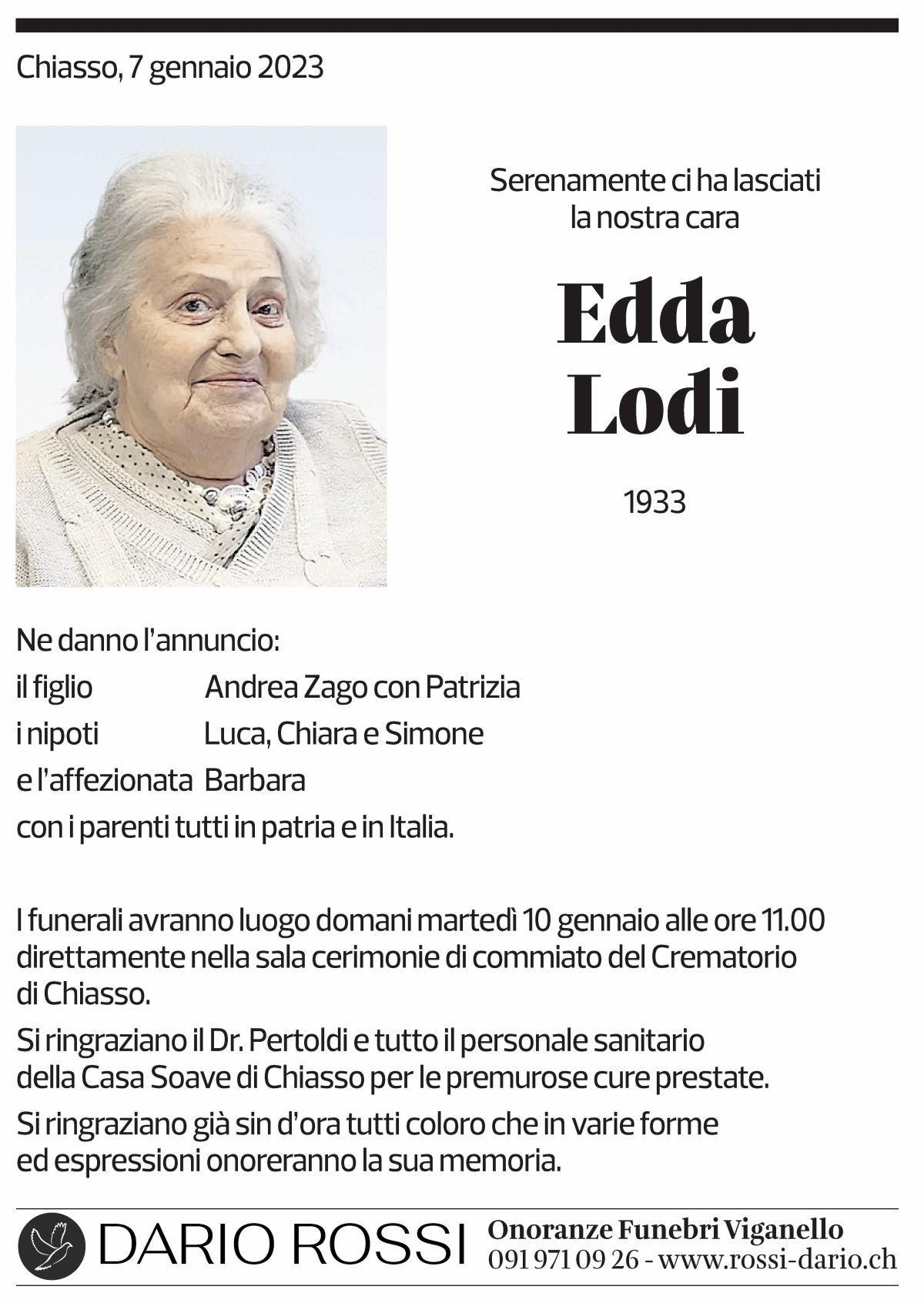 Annuncio funebre Edda Lodi